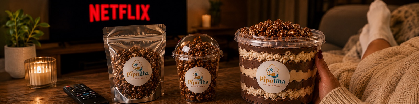 Pipoca gourmet PipoIlha em três tamanhos — pouch, copo e mega balde com camadas de creme e chocolate